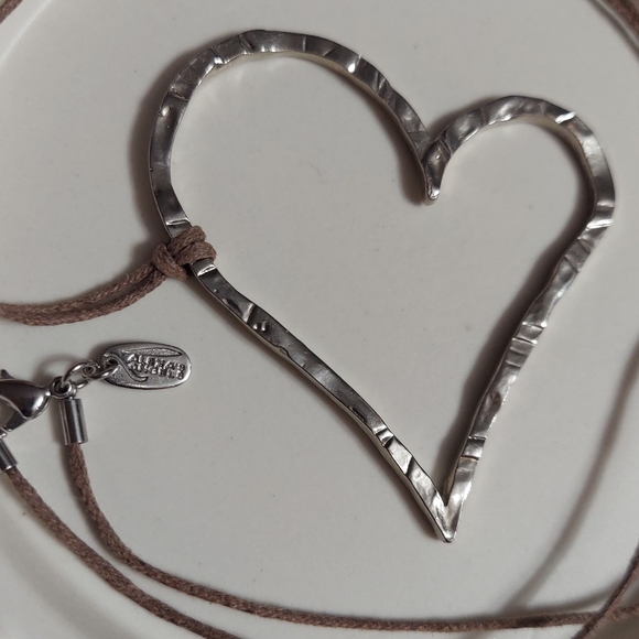 Alexa's Angel's Textured Silver Open Heart Pendant w/Light Brown Cord Necklace - Picture 3 of 5